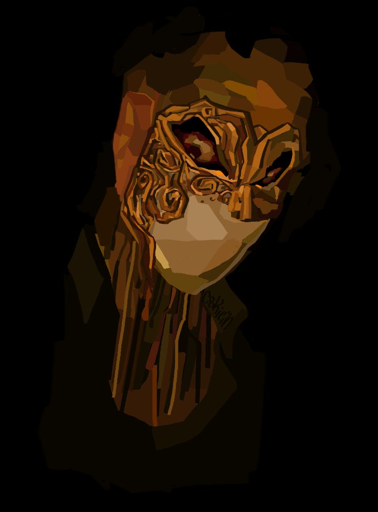 A bald man (Charlie Dowd) in a plaid mask stares down. The top of the mask is crowned swirling gold patterns which stop under the nose leaving the mouth area completely empty without even an indication of a nose or mouth. Under the mask two eyes stare down at something off camera. Just under the chin some sort of black ooze seems to be running down his neck.