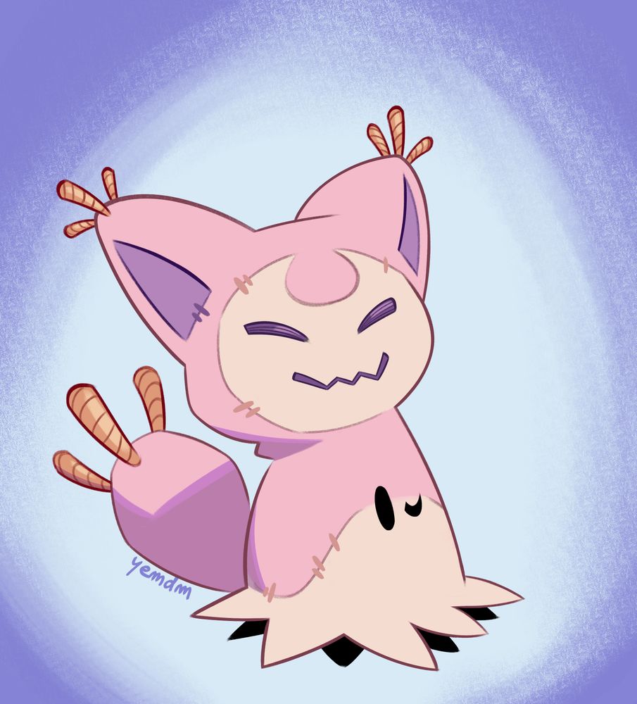 A Mimikyu in the style of a Skitty winks at the camera!