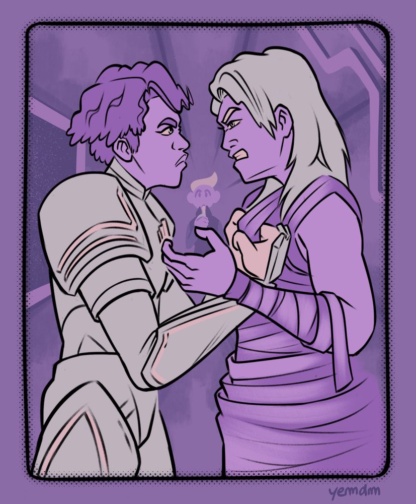 Inside of the Seriema, a spaceship, a glaring Haliya, Summist squire, holds up a sneering Alpharael, Monoist cultist. In the background, This uses a minimalistic palette. In the background, the ship's pilot & engineer, Sami, watches while sipping on a juicebox. 