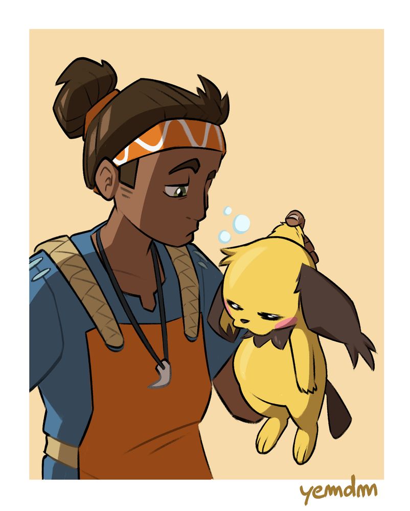 A dark skinned Pokemon trainer holds up a bloated and sleepy Pichu by the scruff. The trainer looks unimpressed.