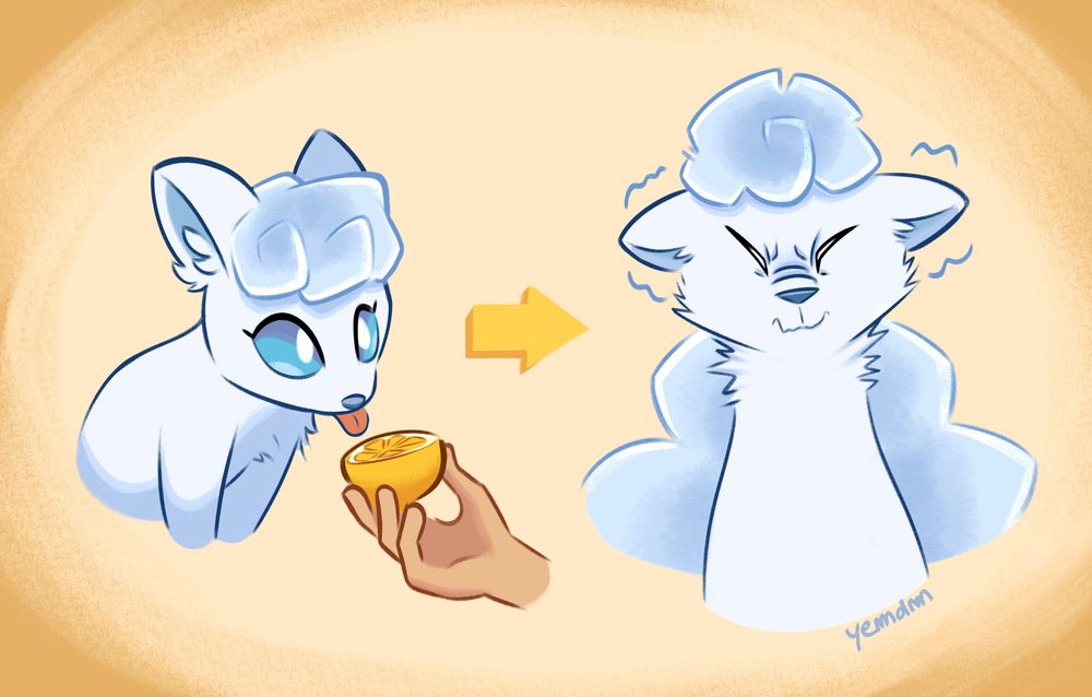 On the left side of the picture, a disembodied hand holds a lemon half for an alolan Vulpix, its tongue outstretched to taste it. On the right side, the Pokemon shudders with its muzzle scrunched up.