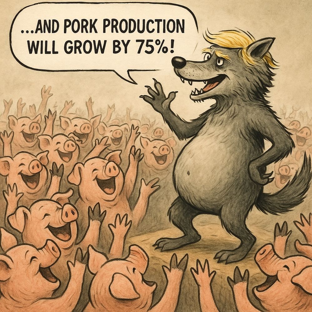 A wolf with a comb over telling a crowd of cheering pigs that pork production will increase by 75%
