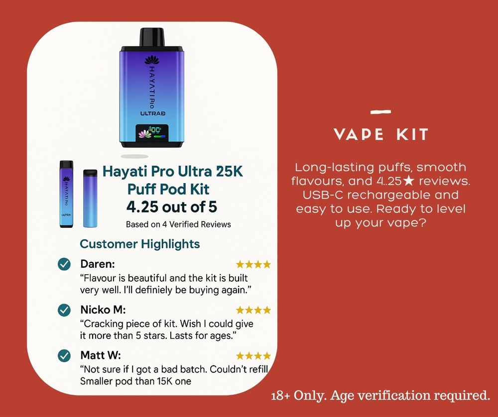 The Hayati Pro Ultra Plus 25000 Puff 25K Bar Twist Pod Kit, designed for vapers who want an exceptional, long-lasting experience without compromise. Say goodbye to constant replacements and short-lived devices—this powerhouse delivers up to 25,000 puffs, making it one of the highest-capacity pod kits available. Whether you're a daily vaper or looking to switch from traditional smoking, the Hayati Pro Ultra Plus offers smooth, satisfying draws with rich, consistent flavour every time.

Engineered with advanced coil technology, this kit ensures every inhale is packed with true-to-profile taste, maintaining quality from the first puff to the last. The twist pod design is intuitive and mess-free, letting you switch flavours easily so you can enjoy variety without hassle. Choose from a wide range of popular options, including fruity, minty, and classic blends to suit your mood and cravings. Charging is quick and convenient thanks to USB-C compatibility, giving you reliable power on the go. No more waiting hours to get back to vaping—just plug in and recharge fast. The Hayati Pro Ultra Plus is built to keep up with your lifestyle, supporting multiple full charges while maintaining excellent battery life.
Highly rated by users with an average 4.25★ score, this pod kit earns praise for its build quality, flavour delivery, and overall reliability. Customers love its durable construction and sleek, modern look that feels comfortable in hand. The draw-activated firing system means no buttons or complicated settings—just inhale and enjoy. It’s truly designed for simplicity, making it perfect for both newcomers and experienced vapers alike. This pod kit is also a cost-effective choice, offering incredible value over time. With fewer replacements needed, you'll save money while enjoying premium quality. Plus, it reduces waste compared to single-use disposables thanks to its rechargeable design. Buy the Hayati Pro Ultra Plus 25000 Puff 25K Bar Twist Pod Kit today from UK Vape Worl…