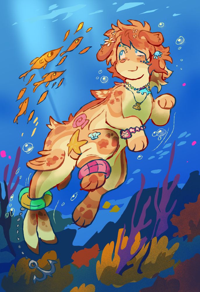 a bright orange sparkledog swimming among a school of fish, with coral beneath them