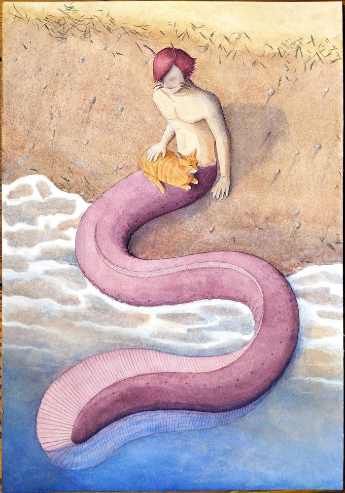 A hagfish merman is sitting at the beach. His tail is in the water. He's petting a ginger tabby cat that's sitting on what would be his lap.
