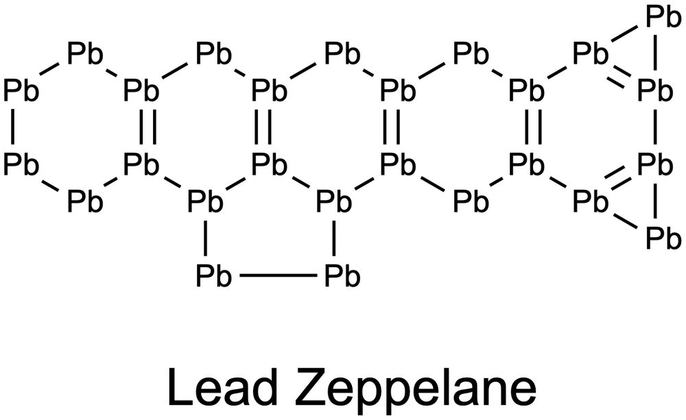 A silly ChemDraw diagram of a ficticious polycyclic compound composed entriely of a mixture of lead(II) and lead (IV) atoms. There are two valence errors in the molecule. Can you find them?