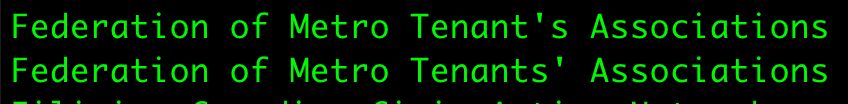 Two lines of green monospace text on black background, both reading "Federation of Metro Tenants Associations", one with the apostrophe in "Tenants" before the S and one after
