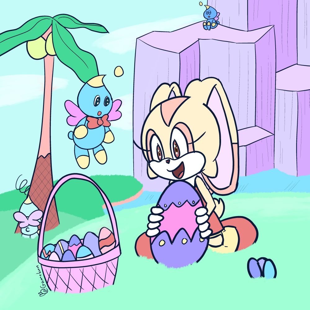 A drawing of Cream hanging out in the Chao Garden with some pastel coloring, drawn for Easter 2022. 
