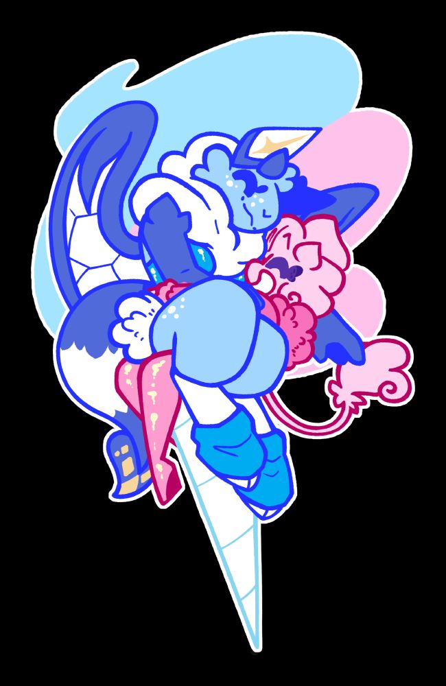 A digitial drawing. A blue large anthro bat is sitting across the lap of a noticeably smaller pink demon, who is sitting in a cone used to hold cotton candy. A blue and pink swirl in the background mimics the shape of cotton candy. Both the bat and the demon have their eyes closed, smiling happily.
