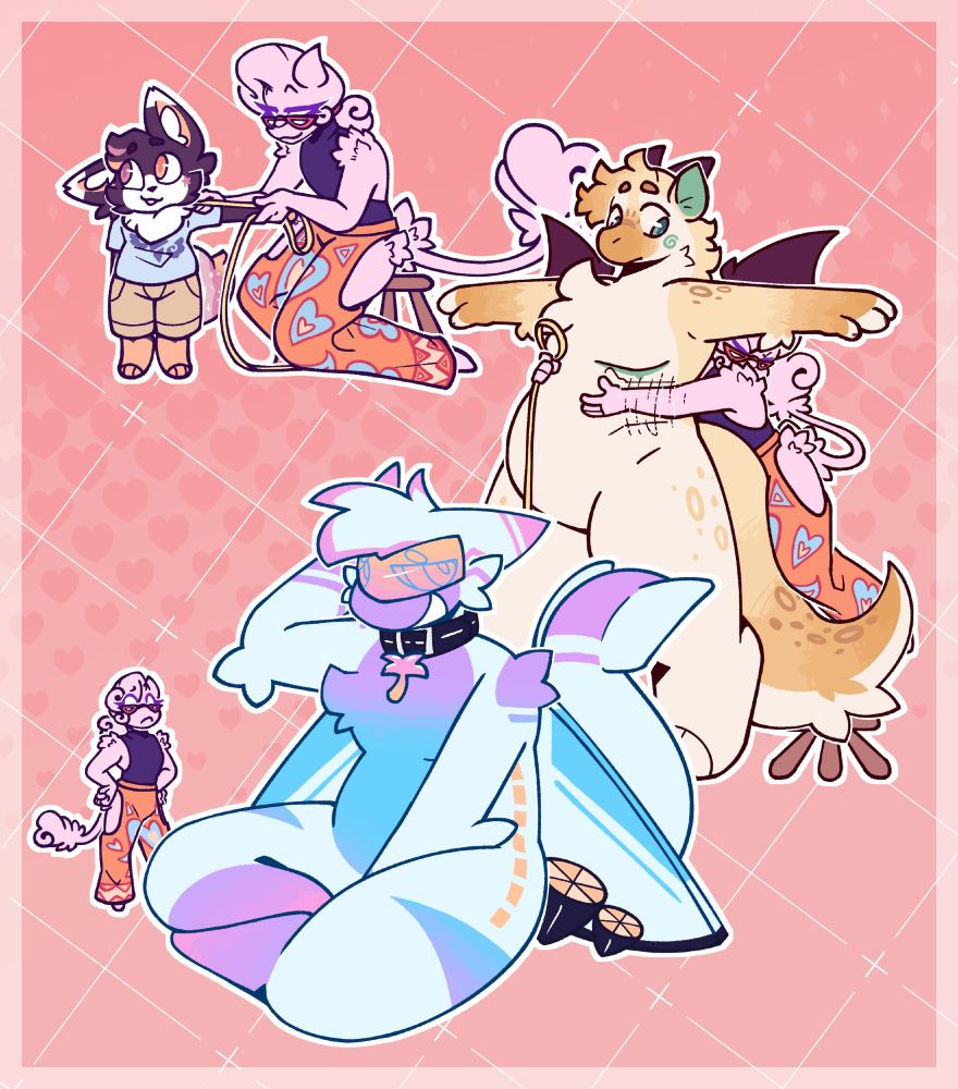 a 3 part image sequence, where the first image is a pink demon measuring the arm of a small, purple Fennec fox with some measuring tape. The demon is sitting on a stool, and the Fennec fox is looking away bashfully.

The second image is the pink demon standing on the stool,behind a larger, cream dragon, The demon has his arms wrapped around the dragon, and is trying to grab his measuring tape, but he is struggling due to the size difference.

the final image is the demon looking up at an blue airplane dragon. The airplane dragon is sitting down, but he is over 3 times the size of the demon. The demon has his hands on his hip and looks contemplative, like he doesn't know where to even begin.