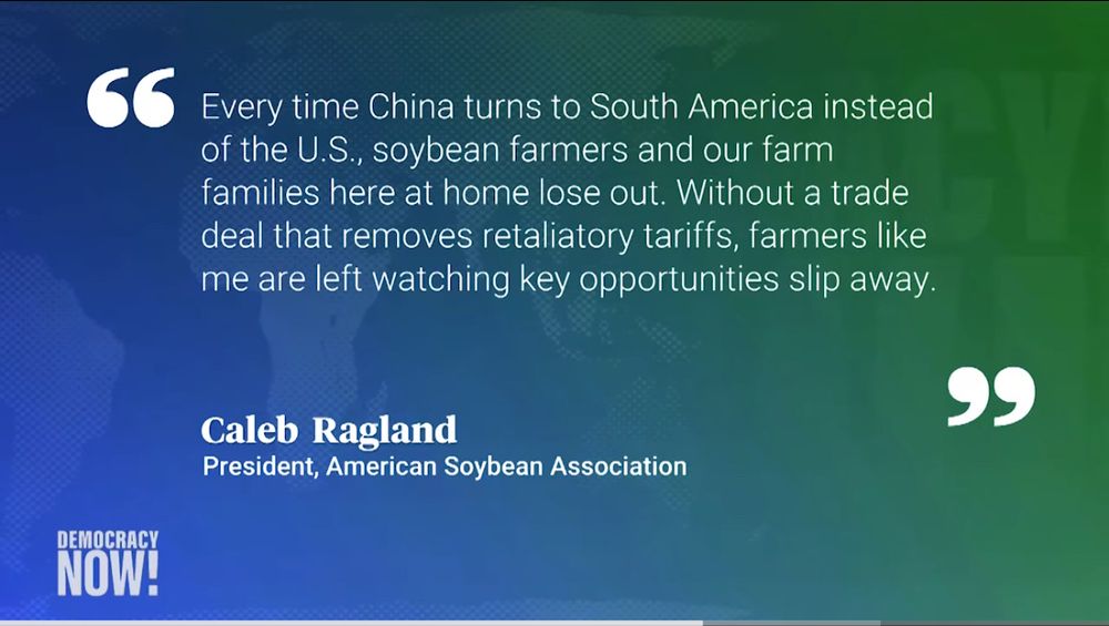 A screenshot of a quote by Caleb Ragland about the devastating impact tariffs are having on the soybean industry as China buys from South America instead of USA. Most noted is the way these farming representatives refuse to call out Trump for the way they are losing the trade war. 