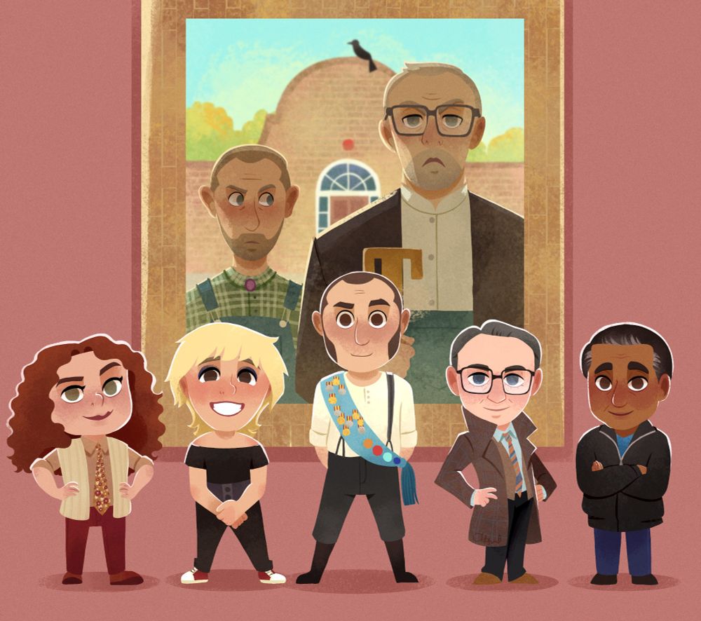 A digital illustration fanart of Taskmaster series 20. The contestants (Ania Magliano, Maisie Adam, Phil Ellis, Reece Shearsmith and Sanjeev Bhaskar) are drawn as chibis in front of the series 20 portrait of Alex Horne and Greg Davies