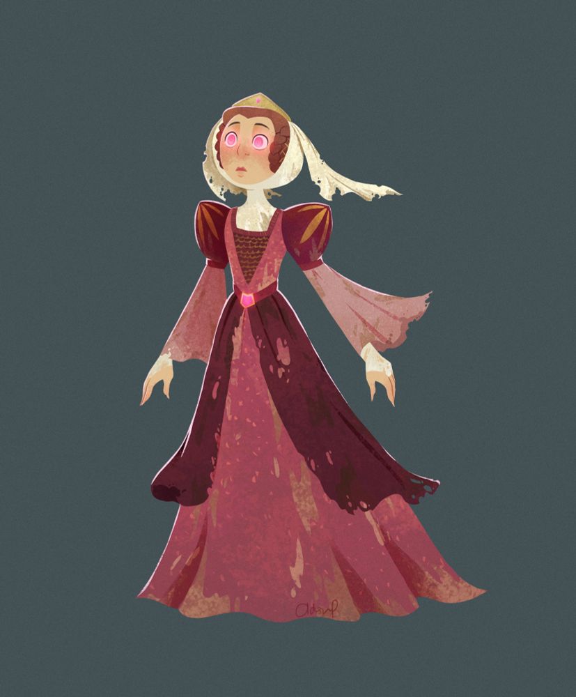 A digital illustration of a young princess in tattered clothes looking dazed and hypnotized