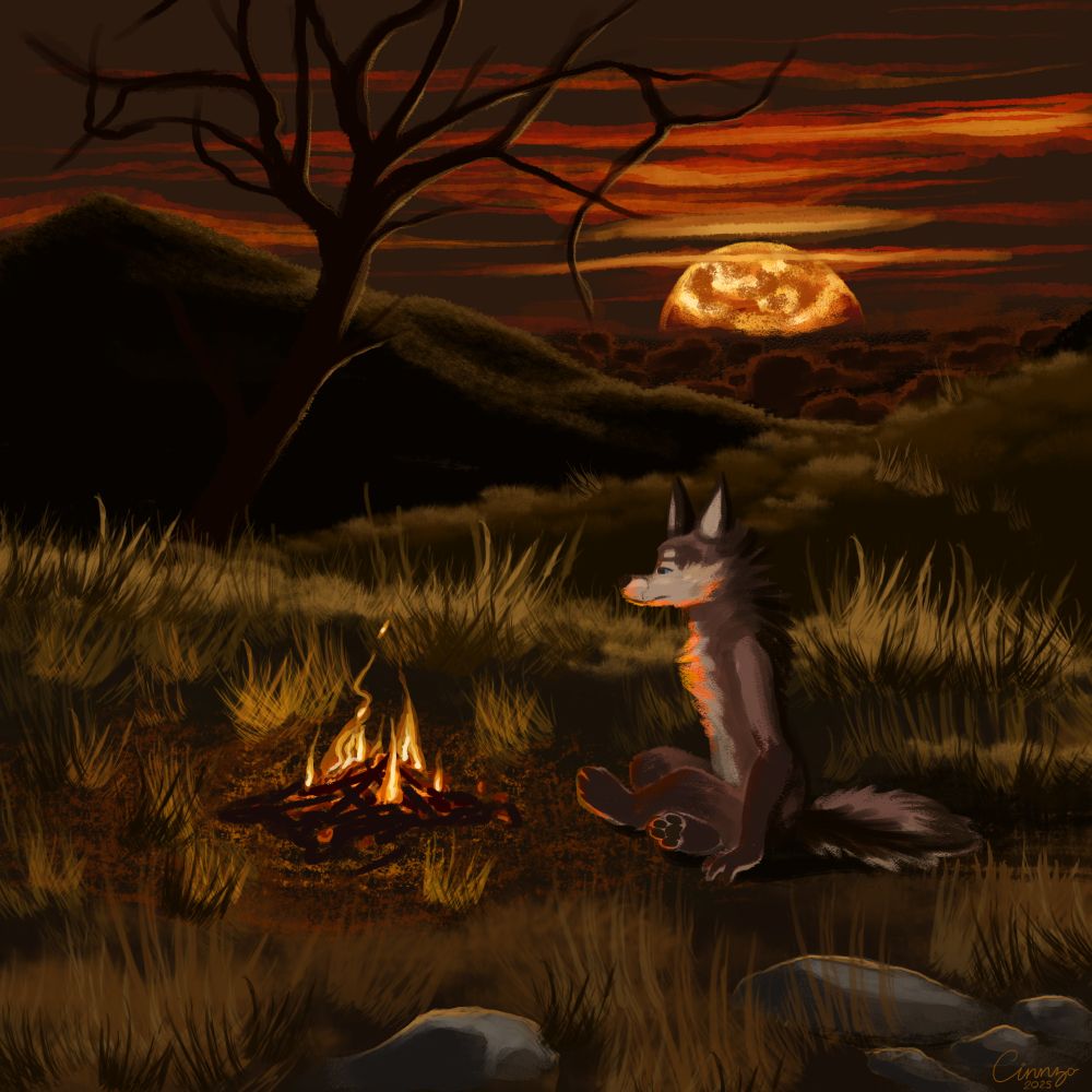 An anthropomorphic canine is sitting in front of a campfire in the foreground, extending in the background are a dead tree and dry grassy hills, ending with what looks like a fiery sunset.