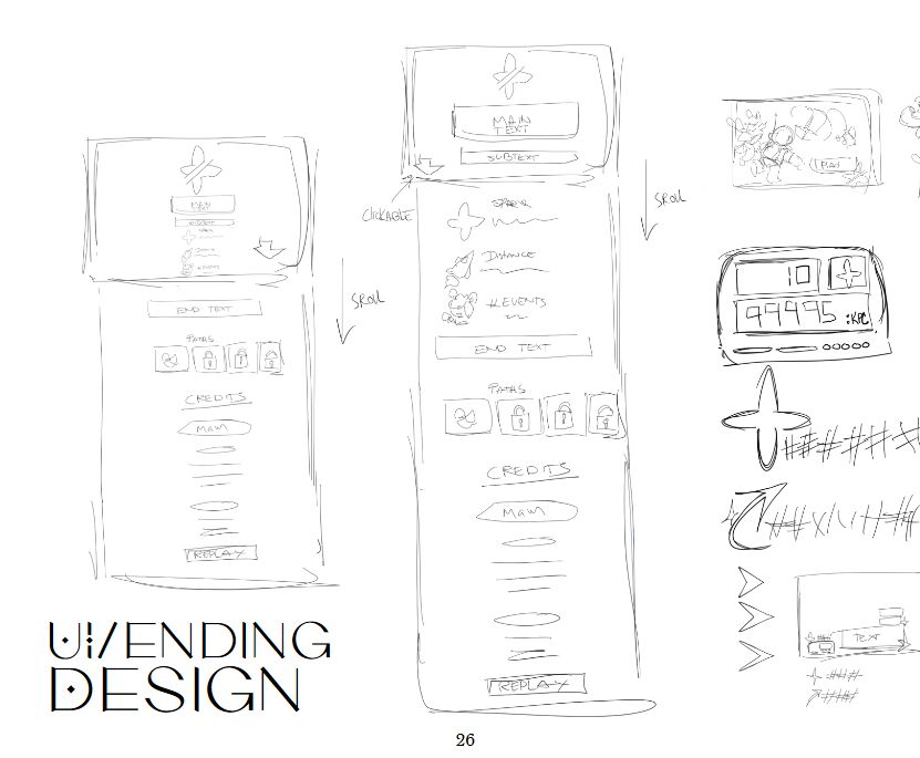 UI/ENDING DESIGN [Layout sketches of various spacesona pieces]