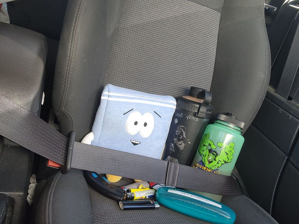 Towelie, from South Park. Buckled up. Riding shotgun. In charge of Darth Vader shaker bottle, Classic Incredible Hulk canteen, sunglasses, lighters, blade, and pokeball.