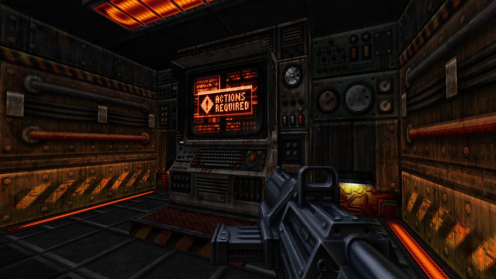 Screenshot from Episode 4 of retro first person shooter Supplice, featuring an industrial environment and retro styled computer terminal.