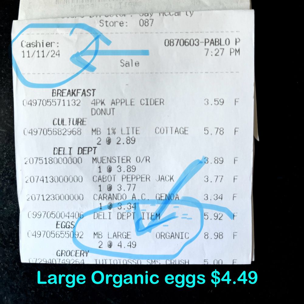 Grocery receipt from 11/11/24 showing price of $4.49 for a dozen large organic eggs. 
