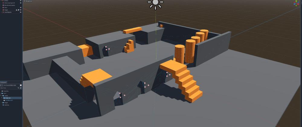 A screenshot from inside the Godot game engine showing a sandbox level created with CSG objects in colours orange and grey. The level has cylinders to jump between, sets of stairs, some bridges and a few archways between walls.