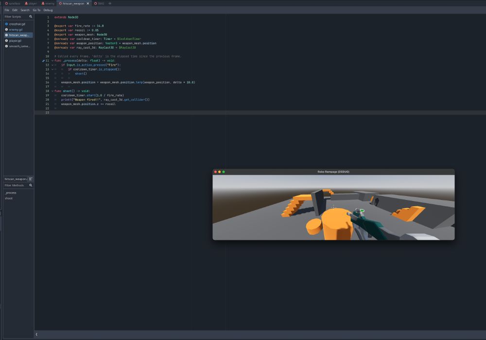 A screenshot from the Godot game engine showing some code which allows a user to cast a ray when clicking to fire in the game, the SMG model recoils and the raycast prints what the user shot at. The image shows a windowed game running showing the SMG model in a FPS shooter style.