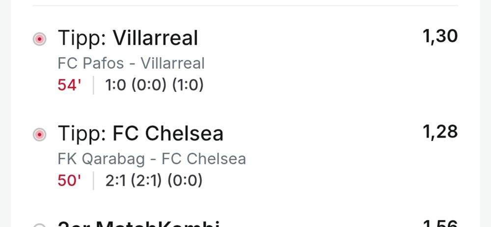 Eine Wettübersicht mit zwei unwahrscheinlichen Führungen für fc Pafos gg. Villareal und FK Qarabag gg. FC Chelsea. 