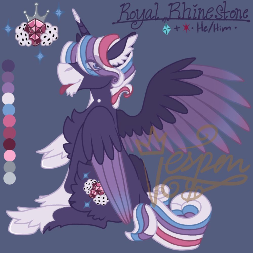 Royal Rhinestone
He/Him

Royal Rhinestone is a dark purple alicorn with white markings near his hooves, on his muzzle, on his horn, and on his neck. His eyes are blue, and his wing feathers are light purple with slightly blue to pink ombre tips. His mane and tail are white with stripes of light blue, light purple, and light pink. It’s short, blocky, and swoopy. His cutie mark is a pink rhinestone surrounded by Ermine. 