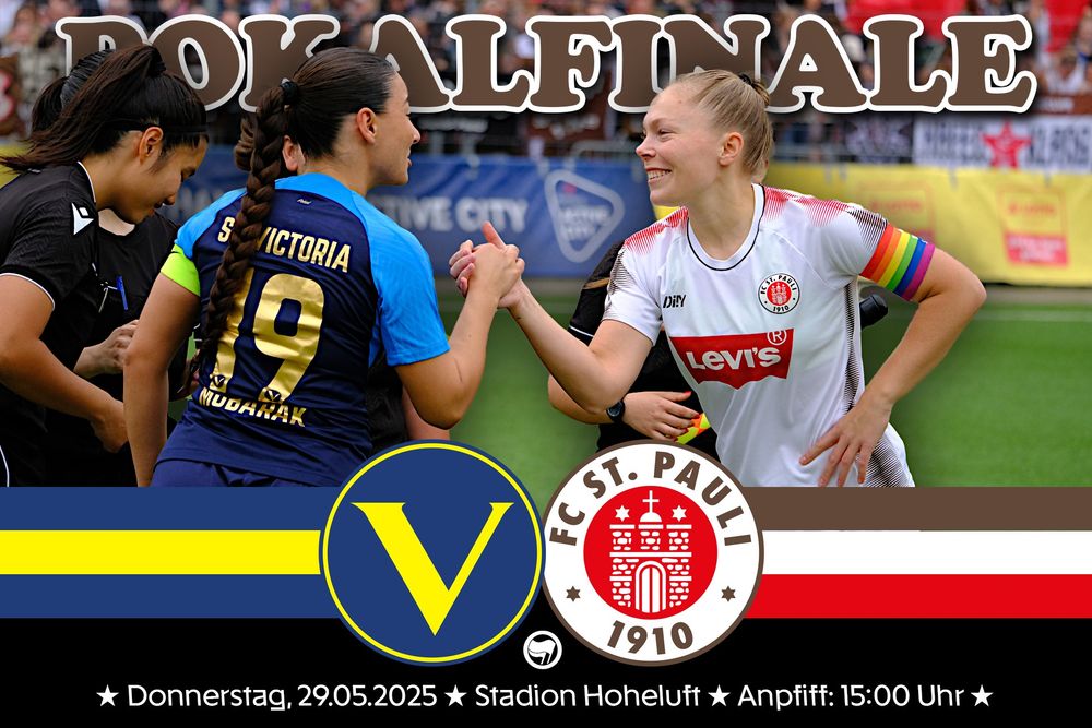 Spielankündigung Pokalfinale im Hamburger Pokal SC Victoria vs FC St. Pauli 1. Frauen. Gespielt wird am Donnerstag den 29.05. um 15 Uhr Stadion Hoheluft. Bild: Die SC Victoria Kapitänin begrüßt die FCSP Kapitänin am Anstoßpunkt beim letztjährigen Pokalfinale. Im Hintergrund ein Zaun mit u.a. FCSP Bannern + Zuschauende.