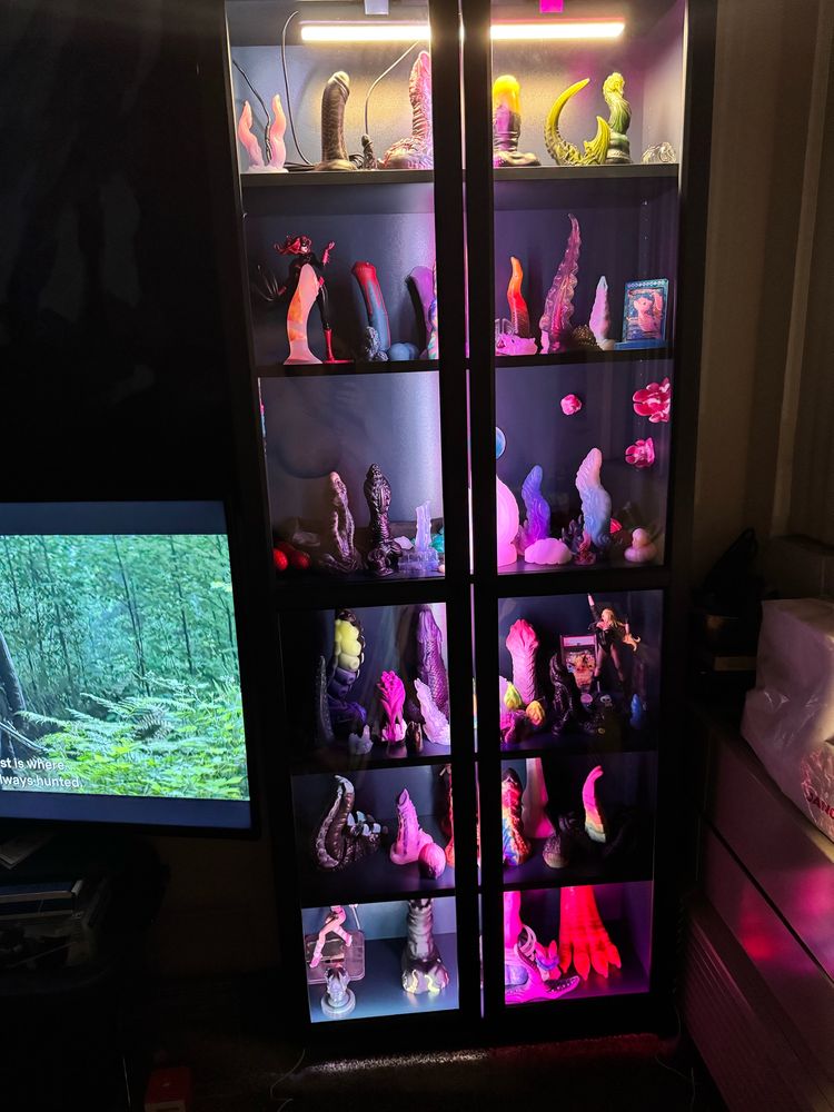 Display case filled with silicone toys lit by warm white light.