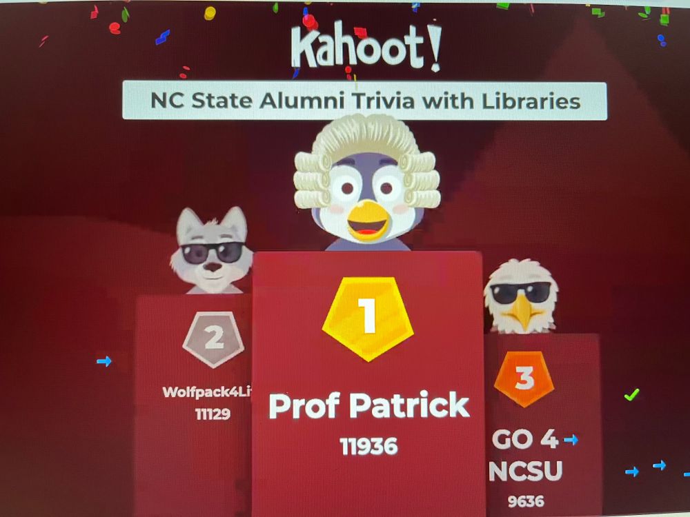 Kahoot! Podium, with my avatar in first place. 