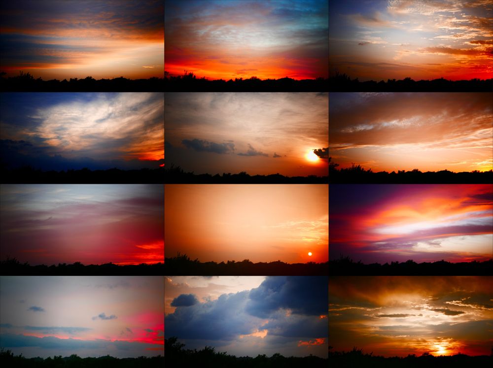 A three-by-four grid of a dozen colorful and dramatic cloud-filled Central Texas sunsets.