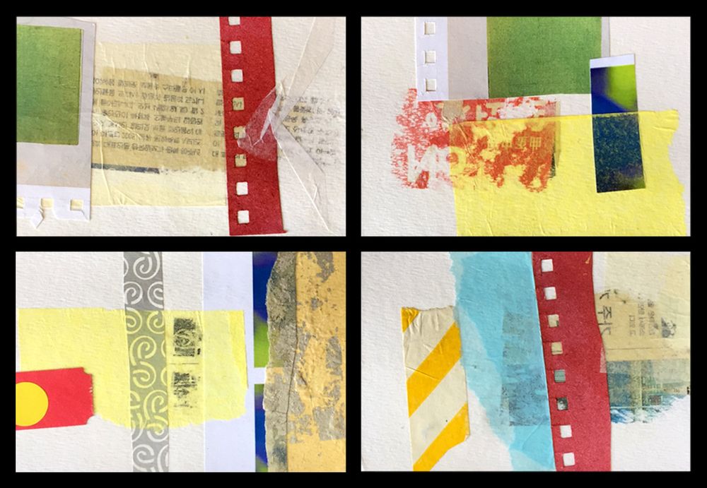 A grid of four colorful collages, each on a 6" x 4" card.