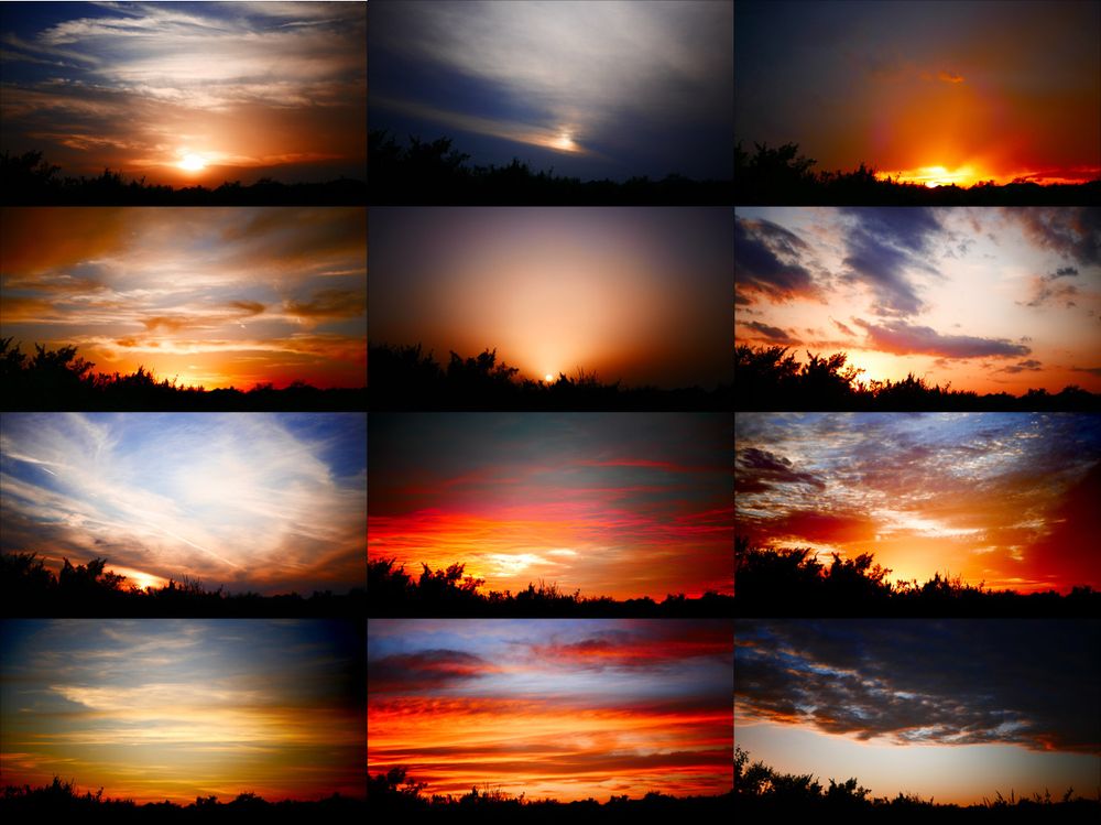 A three-by-four grid of a dozen colorful and dramatic cloud-filled Central Texas sunsets.
