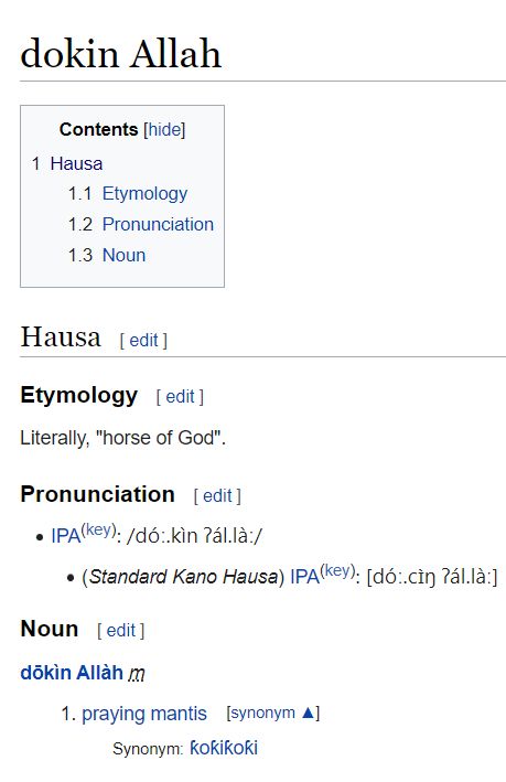 "dokin Allah" is a Hausa phrase meaning "praying mantis" but it literally means "horse of God"