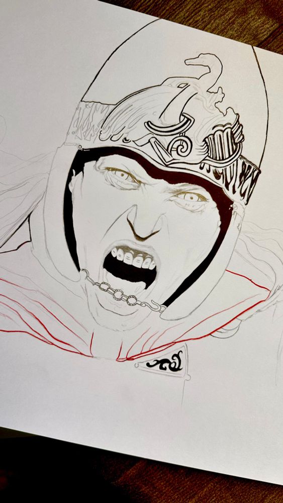 Ilustración tradicional en proceso donde vemos el retrato de una vikinga. Por ahora se aprecia sobre todo, el rostro con la boca abierta gritando, y parte de un casco que lleva puesto