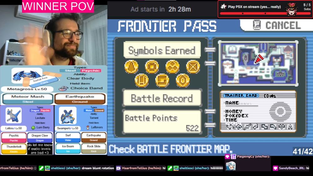Screenshot of my Twitch stream showing my trainer card in Pokémon Emerald, which contains all the Gold Symbols you can earn in the post-game area of the Battle Frontier and info-graphics of the team of Pokémon I used to beat the challenge. The picture also includes the members of my chat saying "hi" and myself waving and smiling.