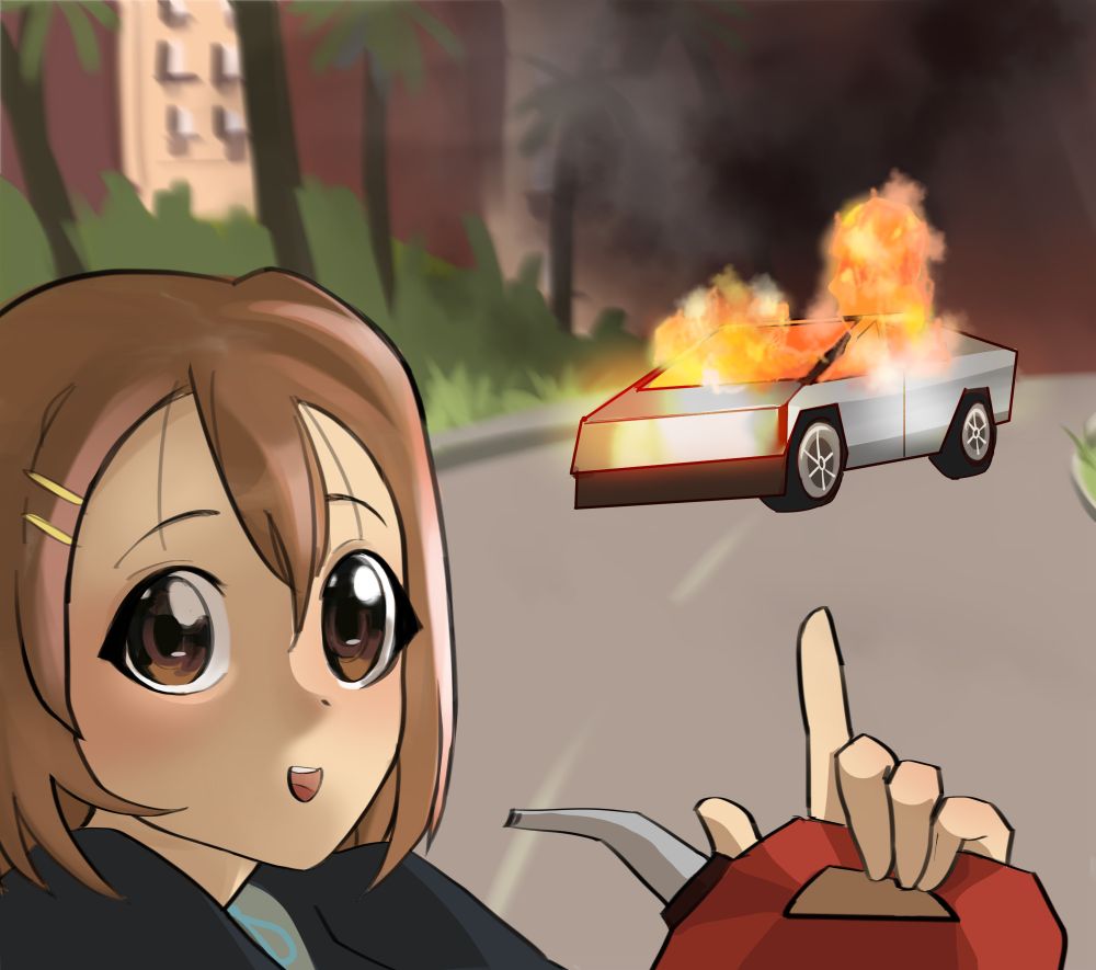 yui holding a gas gallon, behind her there's a burning cybertruck 