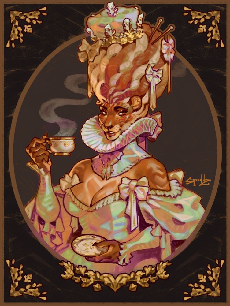 a fancy lioness holding a tea cup - iridescent edition 