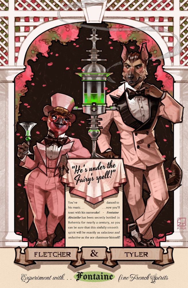 A tall anthropomorphic dog stares down blushing at a short anthropomorphic bird both dressed in pink suits with the bird holding a glass of absinthe and returning a cheeky smile

The text shows the characters names, Fletcher and Tyler, as well as a slogan that reads "He's Under the Fairy's Spell ".
