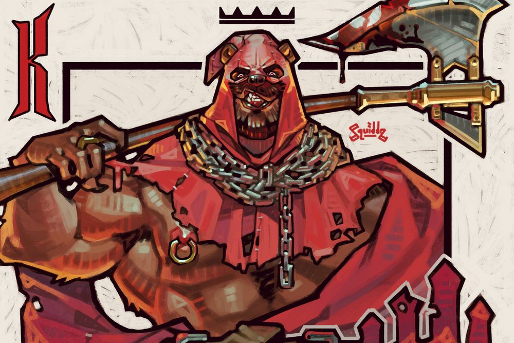 A muscular anthropomorphic bear holds an axe over his shoulder and grins at the viewer
