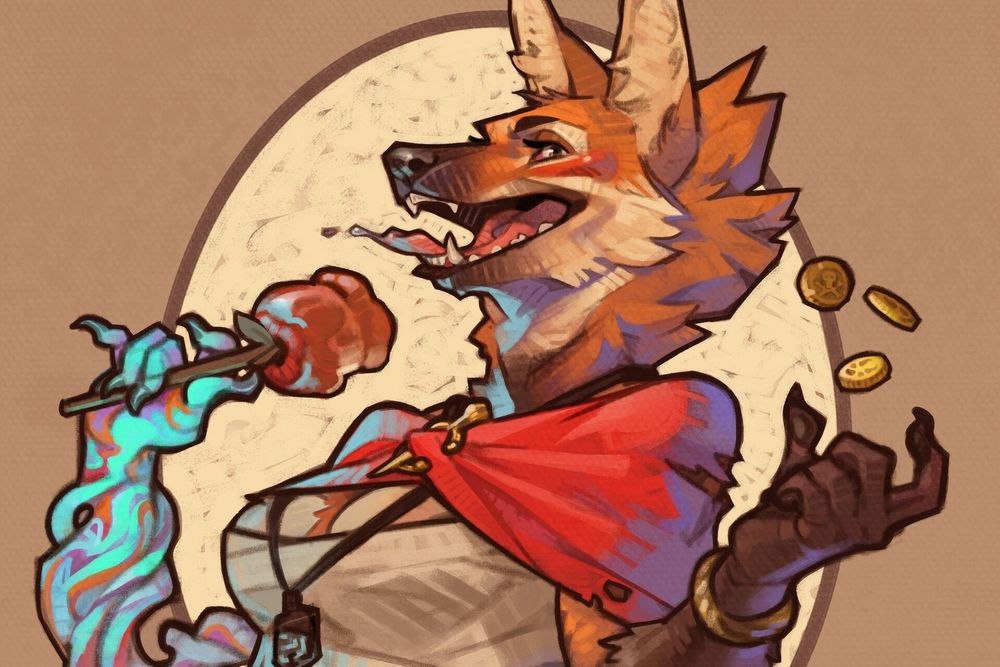 A maned wolf grins at the viewer, tosses some coins in the air and licks a candy apple