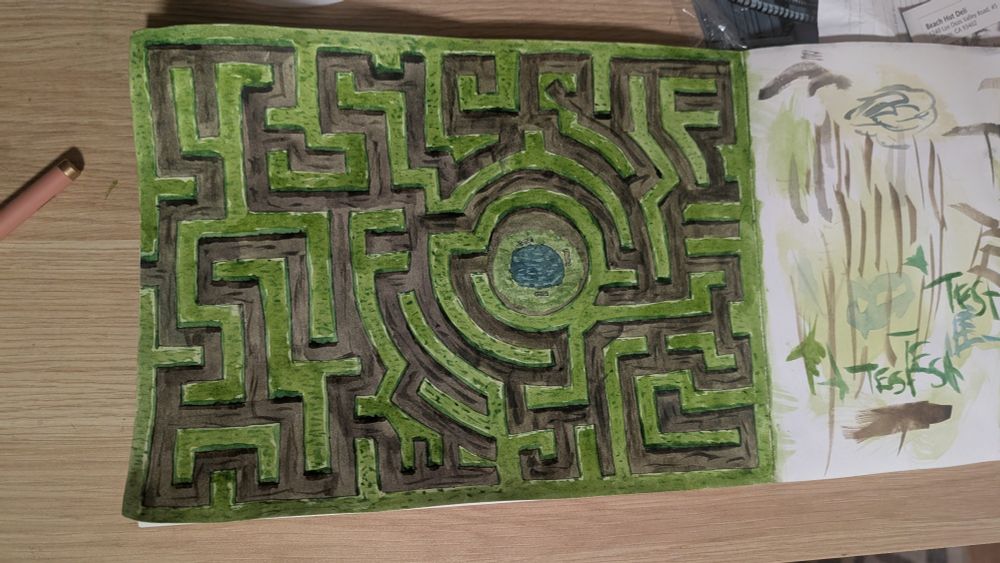 Watercolor in green and brown of a hedge maze with a pond in the center