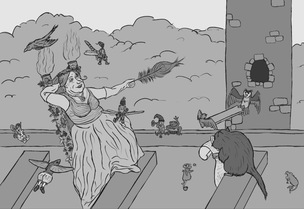 Flat black and white drawing of a lounging queen in a floating chair waving a feather in front of a bunch of observant creatures