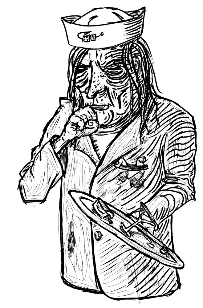 Crude stylized line art of coughing old zombie-like creature.
