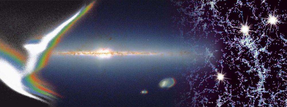 The figure is the banner from the SDSS website www.sdss.org. In the middle it has an image of the Milky Way, showing the bulge, disc and dust lanes. On the left we see an stylised version of the Hertzsprung Russel diagram, while on the right the image transforms into the cosmic web. This image showcases the range of science covered by the three mapper programs in SDSS-V.