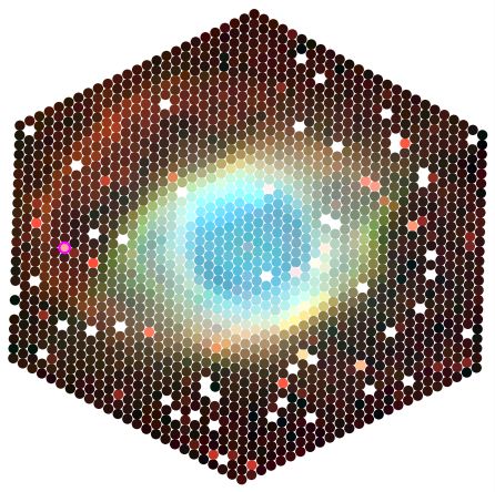 This image shows the Local Volume Mapper data of the Helix Nebula. The round fibers are arranged into a hexagon, and are coloured by combining emission lines of sulphur (red), hydrogen (green) and oxygen (blue). Image credit: Aida Wofford, and you can find this image and others on the SDSS-V image gallery: https://www.sdss.org/science/image-gallery/. Make a version of this image yourself with the tutorial on https://www.sdss.org/dr19/lvm/tutorials/
