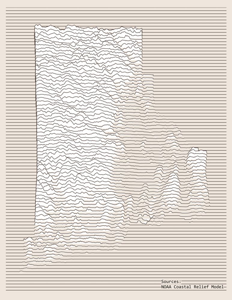 A map of Rhode Island elevation using horizontal lines running across the page, rising and falling relative to the surface elevation. 