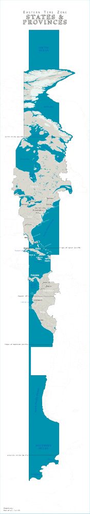 A very tall map showing all of the countries in the Eastern Time Zone. 