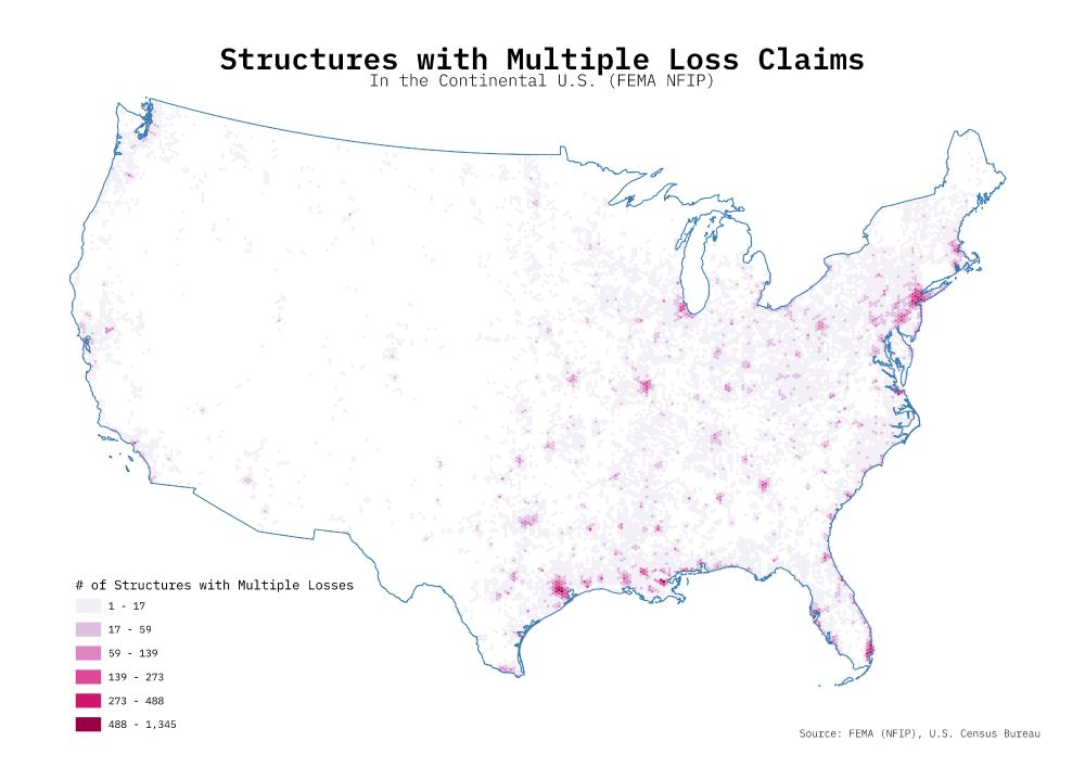 A hex-binned choropleth map showing the number of structures in the continental US with multiple loss claims.