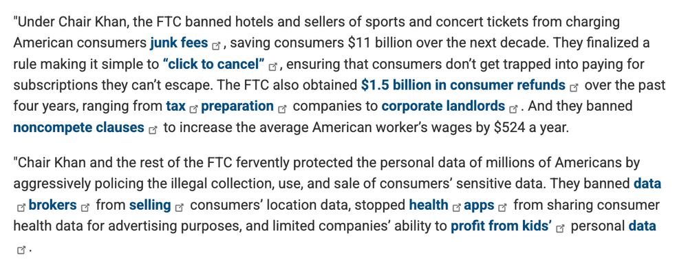 Screengrab of parts of Feb. 4, 2025 from Rep. Schakowsky press release, titled, "This FTC Was the Most Effective in Decades Thanks to Lina Khan," summarizing key accomplishments of the Federal Trade Commission during Khan's tenure.