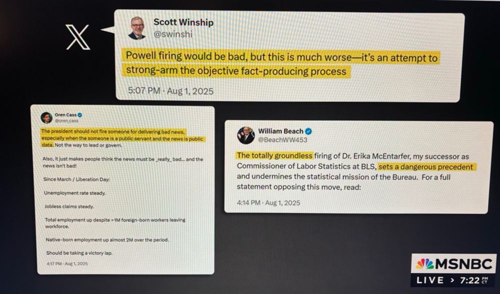 screen grab of tweets by conservative economists shown in a segment about Trump firing the BLS commissioner, on "All in with Chris Hayes," airing Aug. 1, 2025.